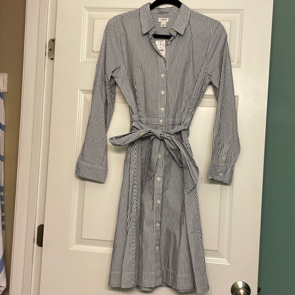 J Crew factory Tie-waist shirtdress in striped cotton poplin size 8